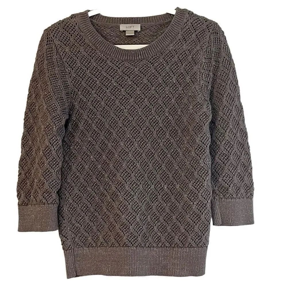 Loft Women’s Gray Metallic Open Knit Crew Neck Pullover Sweater Large